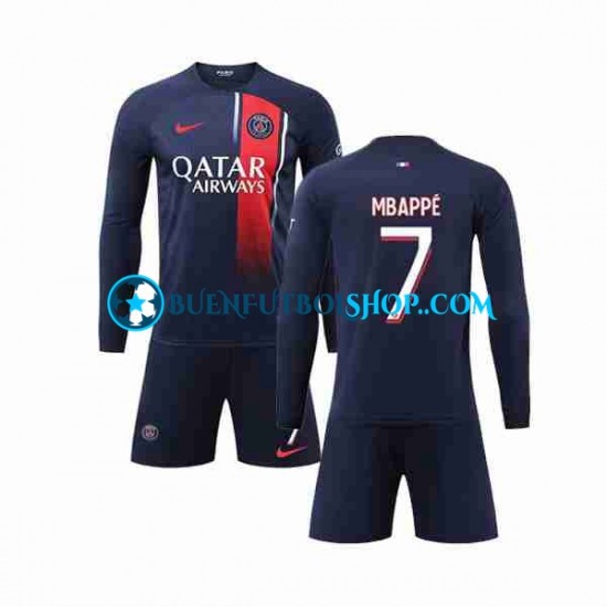 Camiseta de Fútbol Paris Saint-Germain Kylian Mbappe 7 2023-2024 Primera Equipación Manga Larga Niño