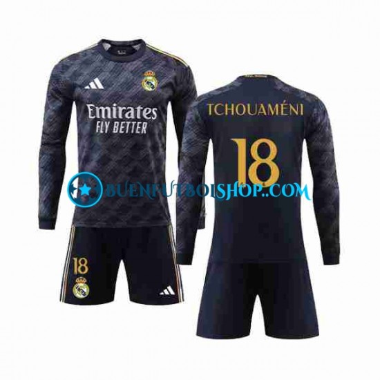 Camiseta de Fútbol Real Madrid Aurelien Tchouameni 18 2023-2024 Segunda Equipación Manga Larga Niño