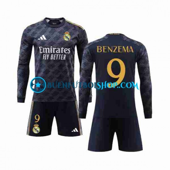 Camiseta de Fútbol Real Madrid Benzema 9 2023-2024 Segunda Equipación Manga Larga Niño