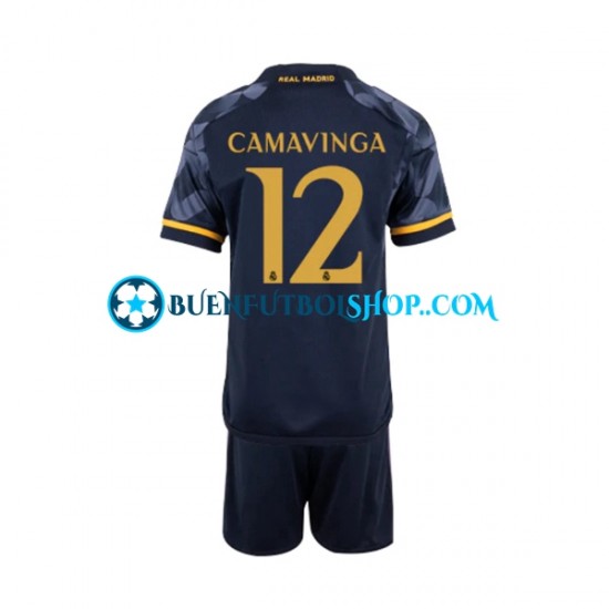 Camiseta de Fútbol Real Madrid EDUARDO CAMAVINGA 12 2023-2024 Segunda Equipación Manga Corta Niño