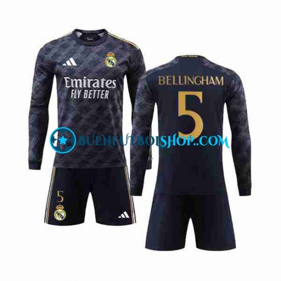 Camiseta de Fútbol Real Madrid Jude Bellingham 5 2023-2024 Segunda Equipación Manga Larga Niño