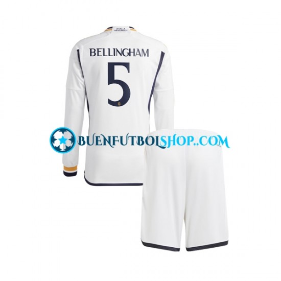 Camiseta de Fútbol Real Madrid Jude Bellingham 5 2023-2024 Primera Equipación Manga Larga Niño