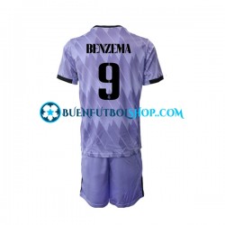 Camiseta de Fútbol Real Madrid Karim Benzema 9 2022-2023 Segunda Equipación Manga Corta Niño
