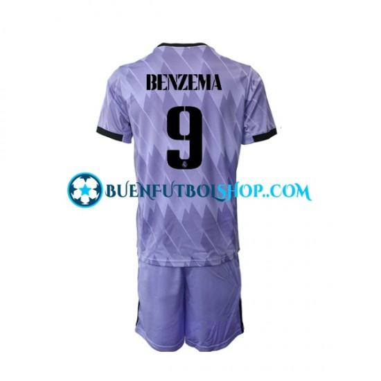 Camiseta de Fútbol Real Madrid Karim Benzema 9 2022-2023 Segunda Equipación Manga Corta Niño