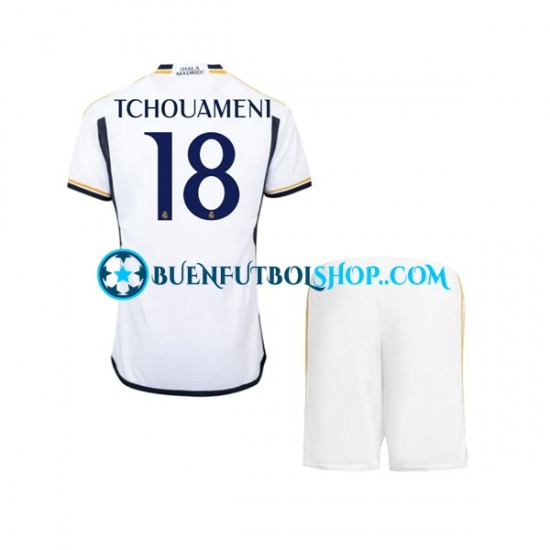 Camiseta de Fútbol Real Madrid TCHOUAMENI 18 2023-2024 Primera Equipación Manga Corta Niño