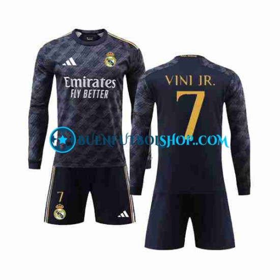 Camiseta de Fútbol Real Madrid Vini Jr 7 2023-2024 Segunda Equipación Manga Larga Niño