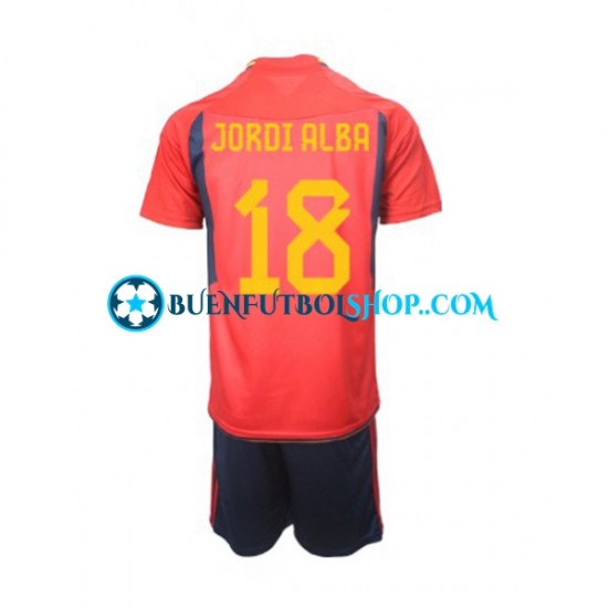 Camiseta de Fútbol España Jordi Alba 18 World Cup 2022 Primera Equipación Manga Corta Niño