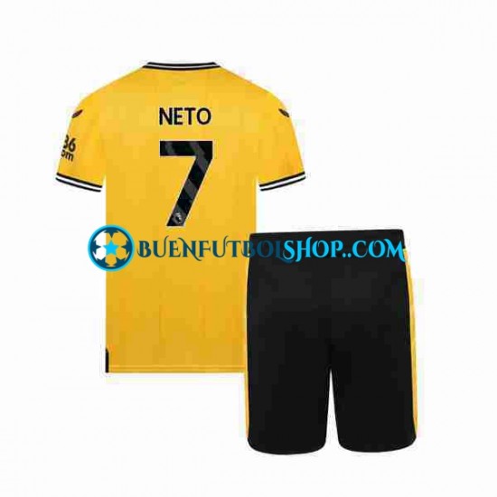 Camiseta de Fútbol Wolverhampton Wanderers NETO 7 2023-2024 Primera Equipación Manga Corta Niño