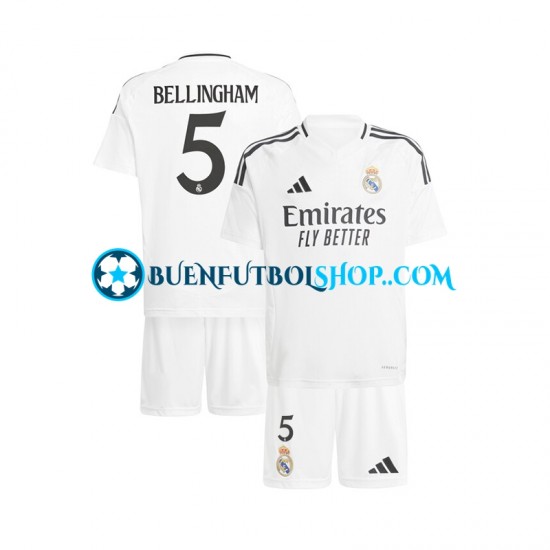 Camiseta de Fútbol Real Madrid Jude Bellingham 5 2024-2025 Primera Equipación Blanco Manga Corta Niño