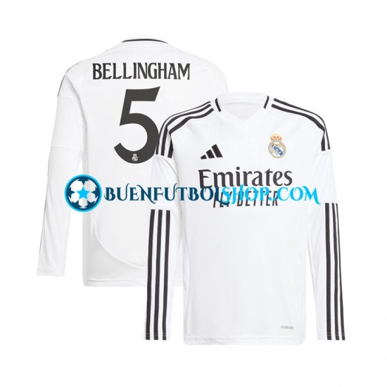 Camiseta de Fútbol Real Madrid Jude Bellingham 5 2024-2025 Primera Equipación Blanco Manga Larga Hombre