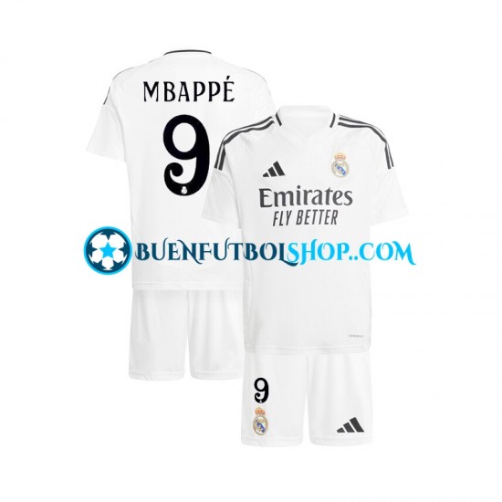 Camiseta de Fútbol Real Madrid Kylian Mbappe 9 2024-2025 Primera Equipación Blanco Manga Corta Niño