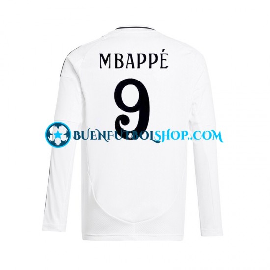 Camiseta de Fútbol Real Madrid Kylian Mbappe 9 2024-2025 Primera Equipación Blanco Manga Larga Hombre