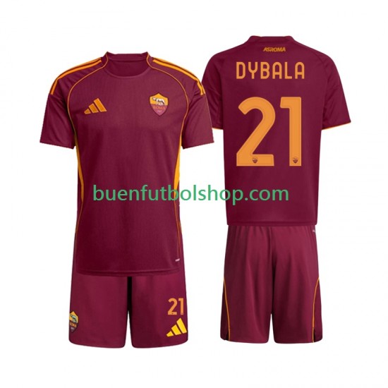 Camiseta de Fútbol AS Roma Dybala 21 2025-2026 Primera Equipación Manga Corta Niño
