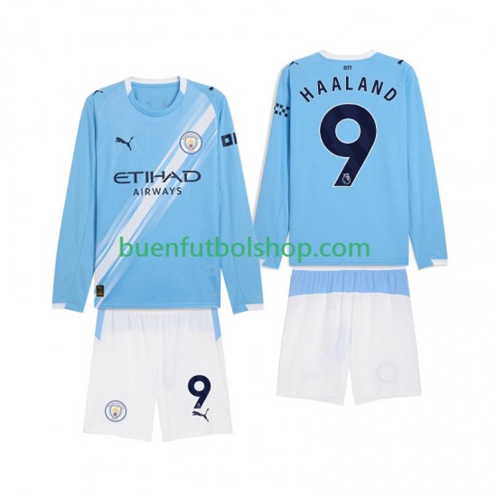 Camiseta de Fútbol Manchester City Erling Haaland 9 2025-2026 Primera Equipación Manga Larga Niño
