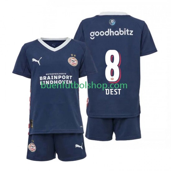 Camiseta de Fútbol PSV Eindhoven Sergino Dest 8 2025-2026 Segunda Equipación Manga Corta Niño