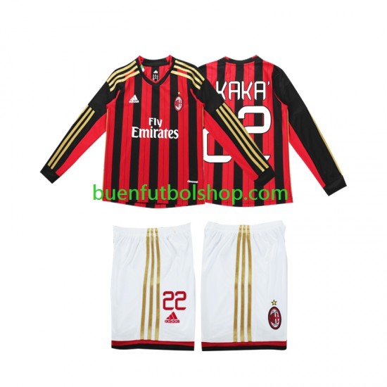 Camiseta de Fútbol AC Milan Kaka 22 Retro 2013 2014 Primera Equipación Manga Larga Niño