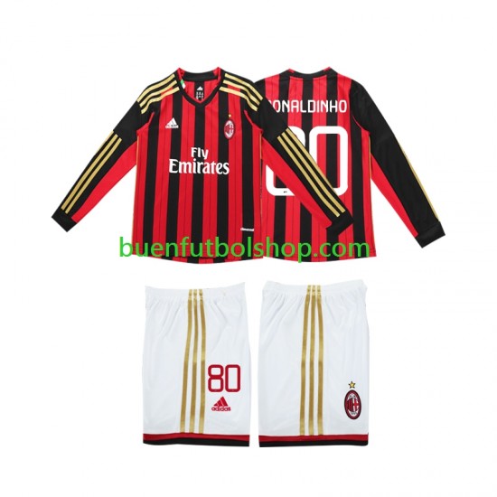 Camiseta de Fútbol AC Milan RONALDINHO 80 Retro 2013 2014 Primera Equipación Manga Larga Niño