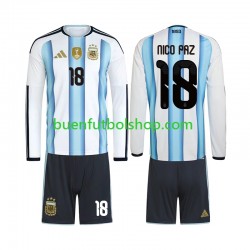 Camiseta de Fútbol Argentina Nico Paz 18 World Cup 2026 Primera Equipación Manga Larga Niño