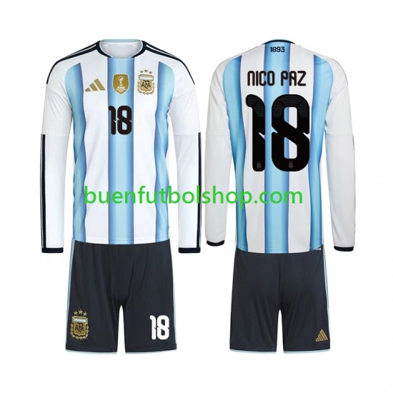 Camiseta de Fútbol Argentina Nico Paz 18 World Cup 2026 Primera Equipación Manga Larga Niño
