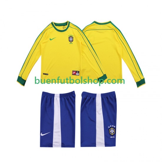 Camiseta de Fútbol Brasil Retro 1998 Primera Equipación Manga Larga Niño