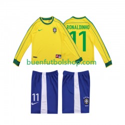 Camiseta de Fútbol Brasil RONALDINHO 11 Retro 1998 Primera Equipación Manga Larga Niño Camiseta de Fútbol Brasil RONALDINHO 11 Retro 1998 Primera Equipación Manga Larga Niño
