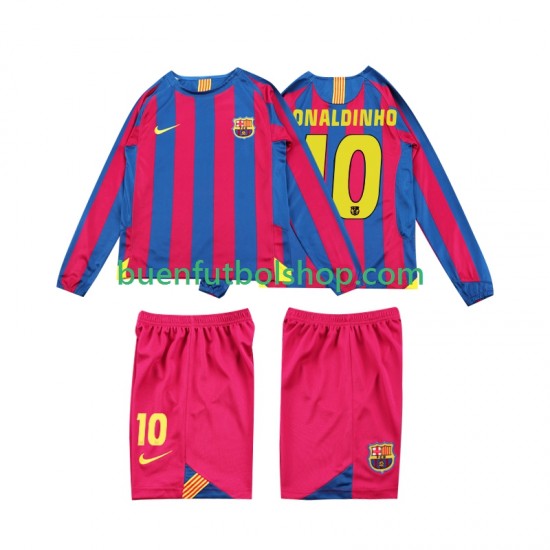 Camiseta de Fútbol FC Barcelona RONALDINHO 10 Retro 2005 2006 Primera Equipación Manga Larga Niño