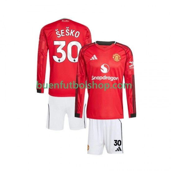 Camiseta de Fútbol Manchester United Benjamin Sesko 30 2025-2026 Primera Equipación Manga Larga Niño