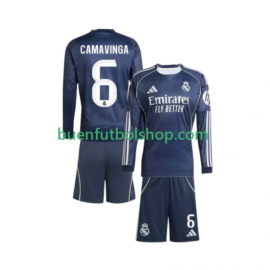Camiseta de Fútbol Real Madrid Camavinga 6 2025-2026 Segunda Equipación Manga Larga Niño