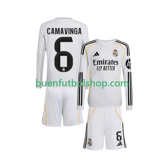 Camiseta de Fútbol Real Madrid Camavinga 6 2025-2026 Primera Equipación Manga Larga Niño