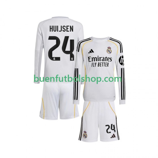 Camiseta de Fútbol Real Madrid Huijsen 24 2025-2026 Primera Equipación Manga Larga Niño