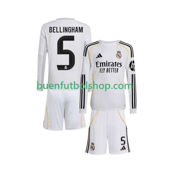 Camiseta de Fútbol Real Madrid Jude Bellingham 5 2025-2026 Primera Equipación Manga Larga Niño