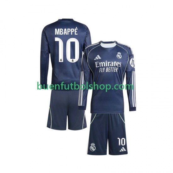 Camiseta de Fútbol Real Madrid Kylian Mbappe 10 2025-2026 Segunda Equipación Manga Larga Niño
