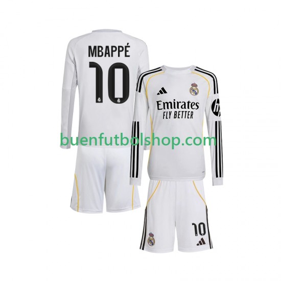 Camiseta de Fútbol Real Madrid Kylian Mbappe 10 2025-2026 Primera Equipación Manga Larga Niño