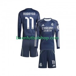 Camiseta de Fútbol Real Madrid Rodrygo 11 2025-2026 Segunda Equipación Manga Larga Niño