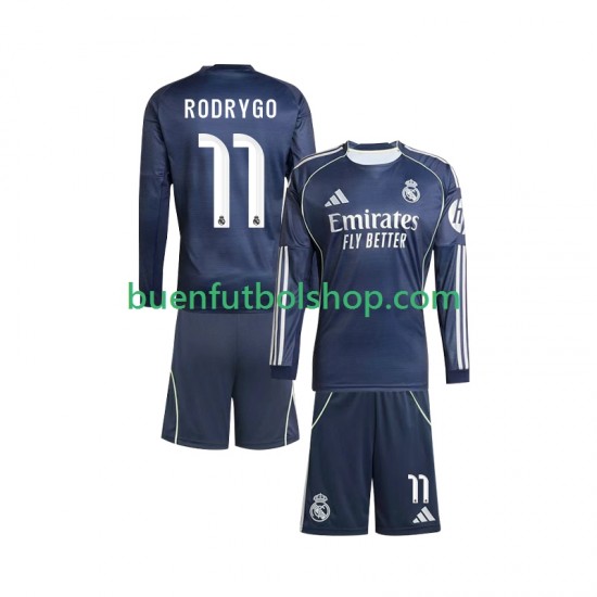 Camiseta de Fútbol Real Madrid Rodrygo 11 2025-2026 Segunda Equipación Manga Larga Niño