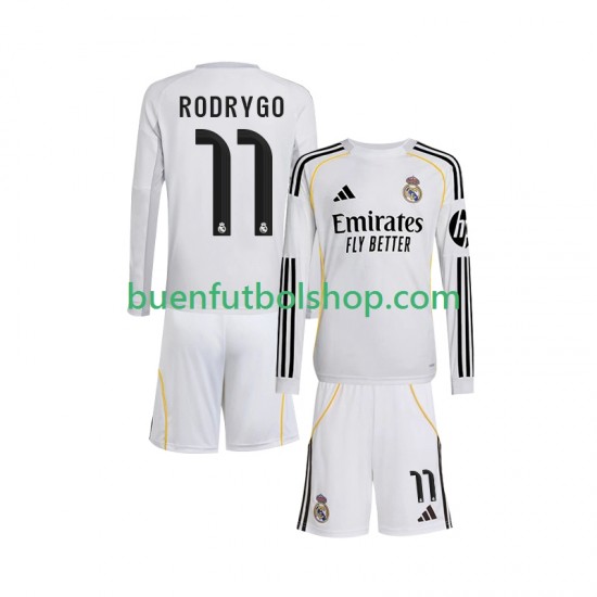 Camiseta de Fútbol Real Madrid Rodrygo 11 2025-2026 Primera Equipación Manga Larga Niño