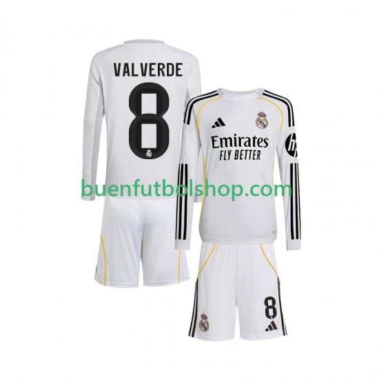 Camiseta de Fútbol Real Madrid Valverde 8 2025-2026 Primera Equipación Manga Larga Niño