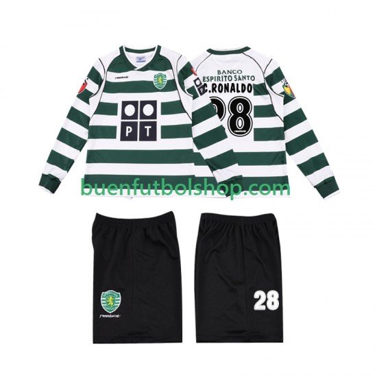 Camiseta de Fútbol Sporting CP Cristiano Ronaldo 28 Retro 2001 2003 Primera Equipación Manga Larga Niño